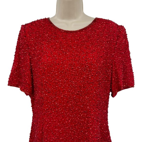 VTG Parisian Room Red Beaded Sequin Sheath Flapper Silk Holiday Party Dress 10 - Picture 2 of 9